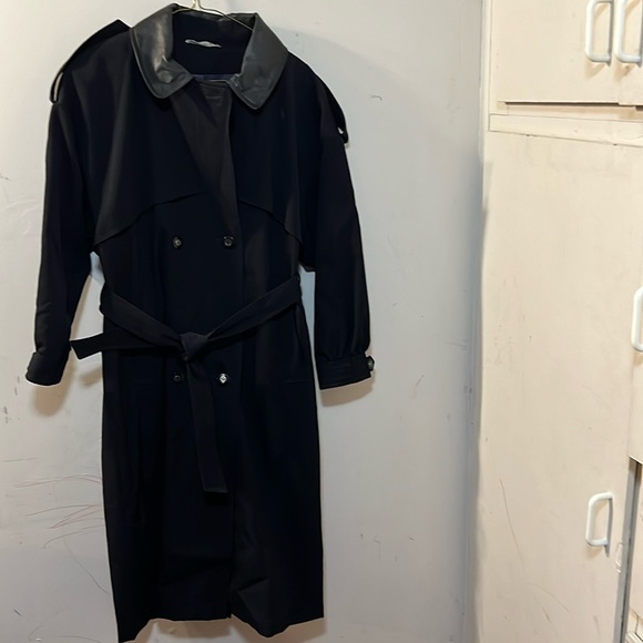 SOLD - Vintage 80s Wool & Leather Trench Coat Navy Blue Twill M - Picture 1 of 4